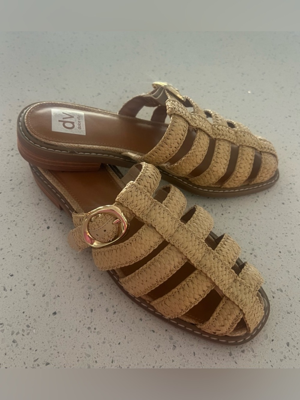 DV by Dolce Vita Beige Braided Slide Sandals with Gold Buckle